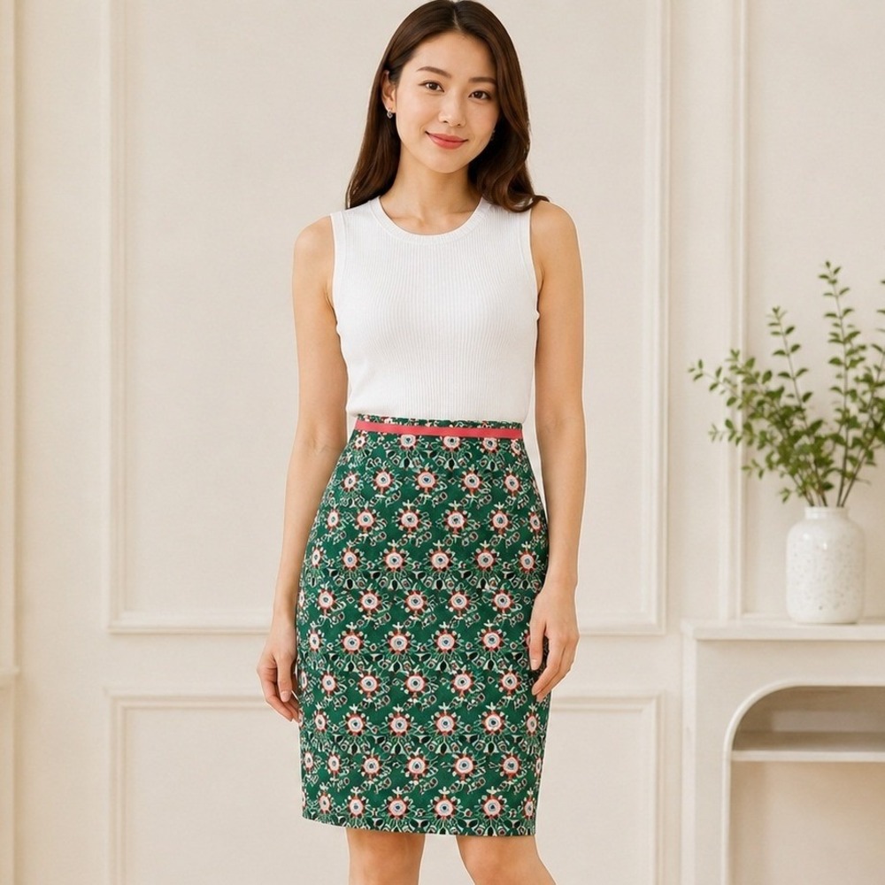 Boden Pencil Skirt Sz 2R Green Floral Cotton Lined Knee Length Mod Preppy Spring